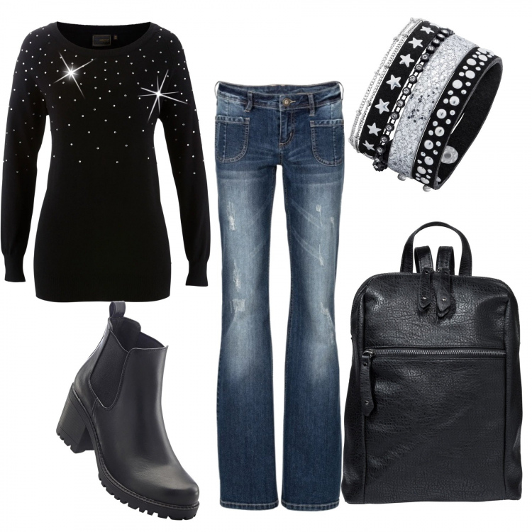 Outfit donna - Rientro a scuola brillante. Stile Basic per Scuola/Università. Abbinamento con maglieria, jeans bootcut, stivaletti chelsea, borse a tracolla, jeans slim fit.