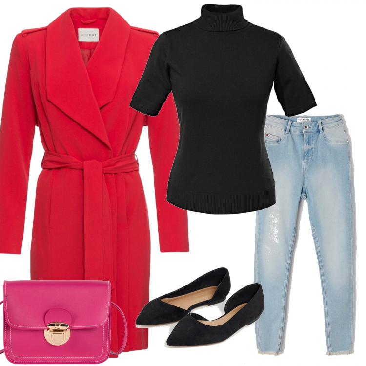 Outfit donna - Domenica sera. Stile Trendy per Serata fuori. Abbinamento con maglieria, trench, borsa a tracolla a scatto in pelle sintetica fucsia, jeans skinny, ballerine nero.