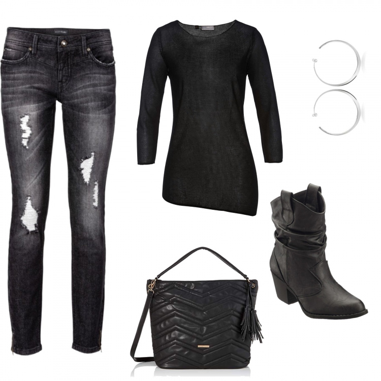 Outfit donna - Curvy everyday. Stile Rock per Tutti i giorni. Abbinamento con stivaletti texani, maglione nero, jeans strappati, borsa a spalla nero, orecchini in sterling 925 ipoallergenico argento e bianco.