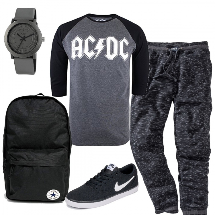 Outfit uomo - Ac ️Dc. Stile Casual per Tutti i giorni. Abbinamento con pantaloni, sneakers, t-shirt manica raglan a maniche lunghe grigio e nero, orologi, zaino con manico e zip con bretelle nero.