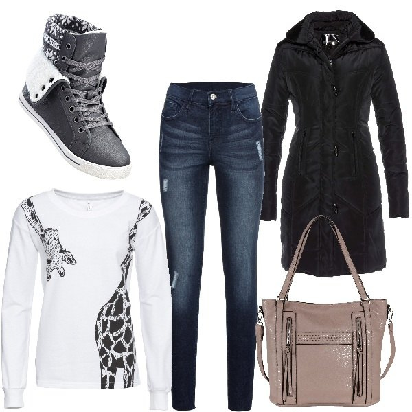 Outfit donna - Total Bonprix. Stile Basic per Tutti i giorni. Abbinamento con jeans strappati, maglieria, giacche, sneakers alte, borsa a tracolla con zip e tracolla regolabile beige.