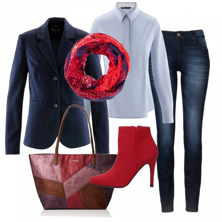 Outfit donna - Lo stivaletto rosso. Stile Urban per Ufficio. Abbinamento con jeans skinny, blazer, sciarpina, stivaletti, camicie, borsa a spalla capri rosso.