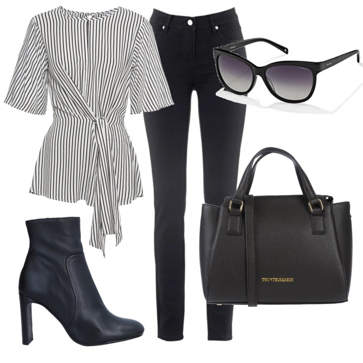 Outfit donna - Griffato -70%. Stile Trendy per Ufficio. Abbinamento con jeans slim fit, blusa con nodi a righe con scollo e laccetti con spacco bianco, borse a mano, stivaletti con tacco squadrato e zip con punta quadrata tinta unita, occhiali da sole nero.