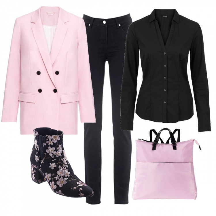 Outfit donna - In università con la giacca. Stile Trendy per Scuola/Università. Abbinamento con camicie, jeans dritti, zaino con zip interno foderato con scomparti rosa, stivaletti, maglieria.