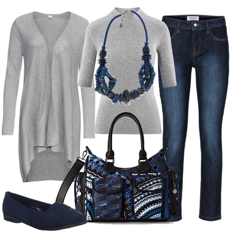 Outfit donna - Una mamma sempre di corsa. Stile Basic per Tutti i giorni. Abbinamento con jeans slim fit, shorts, collana blu, maglione a coste aderente grigio, ballerine pianta larga navy, shopping bag.
