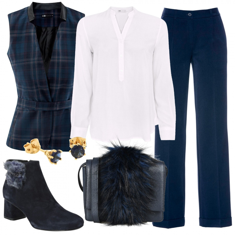 Outfit donna - La Scozia un po\' addosso. Stile Trendy per Serata fuori. Abbinamento con stivaletti, borsa a tracolla mini contrasto con zip interno foderato in pelle sintetica tinta unita, pantaloni, gilet con cintura blu, camicetta bianco, orecchini.