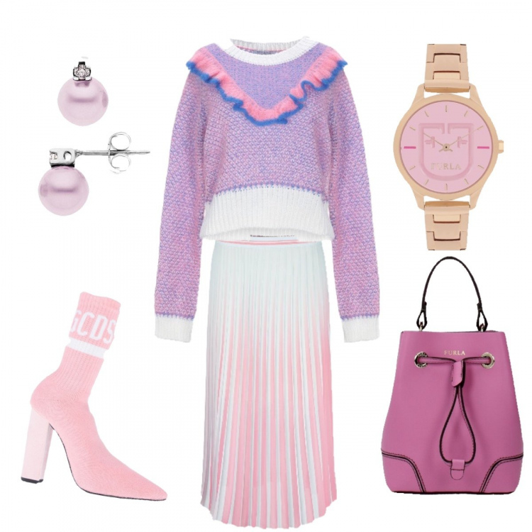 Outfit donna - Maglia volà. Stile Urban per Tutti i giorni. Abbinamento con scarpa col tacco, pullover senza tasche fantasia lavorato a maglia collo tondo a maniche lunghe in mohair, borse a mano, gonna multicolore, orecchini in argento 925, orologio.