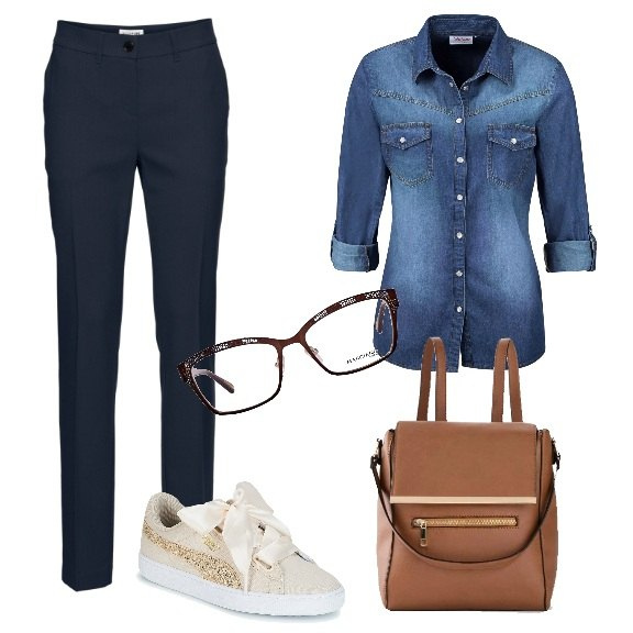 Outfit donna - Curvy e glam. Stile Trendy per Ufficio. Abbinamento con pantaloni, camicie, zaini, sneakers, montatura occhiali marrone.