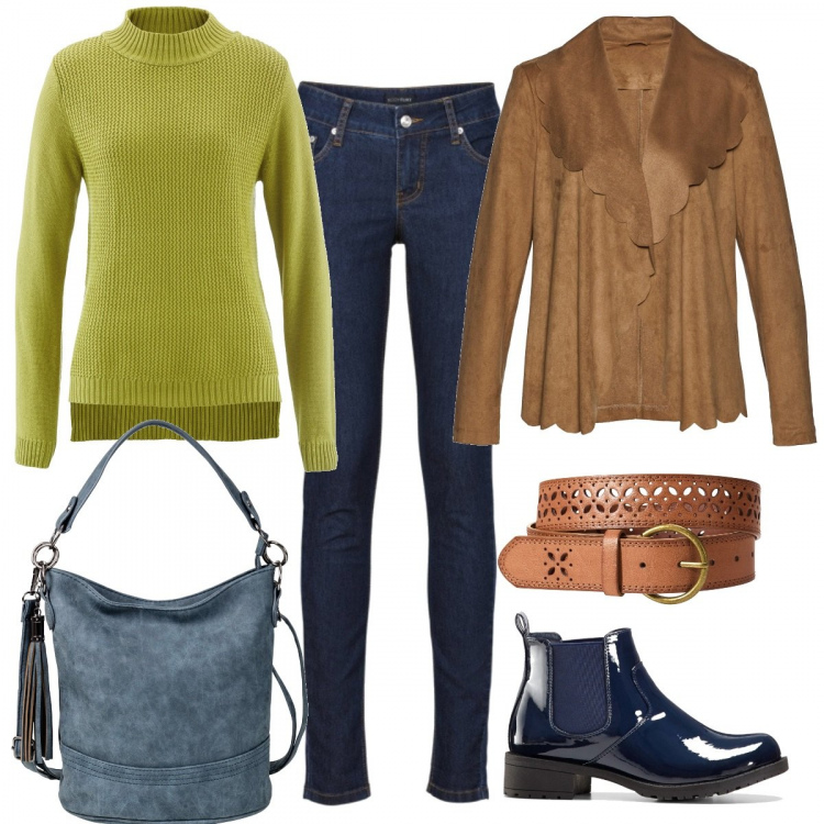 Outfit donna - Vestirsi Bonprix. Stile Basic per Tutti i giorni. Abbinamento con jeans skinny, décolleté, pullover taglio dritto verde, vestiti, borse a tracolla, cinture.