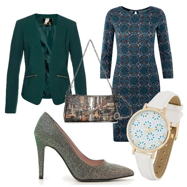 Outfit donna - Total look #330301. Abbinamento con blazer, orologio bianco, vestiti midi/longuette, pochette con stampa e tracolla regolabile marrone e giallo, décolleté.
