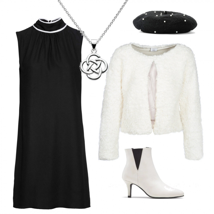 Outfit donna - Una vera mademoiselle. Stile Bon Ton per Serata fuori. Abbinamento con vestito con fiocco taglio dritto nero, stivaletti con tacco spillo bianco, vestiti, giacca bianco, collana con nodi in sterling 925 argento.