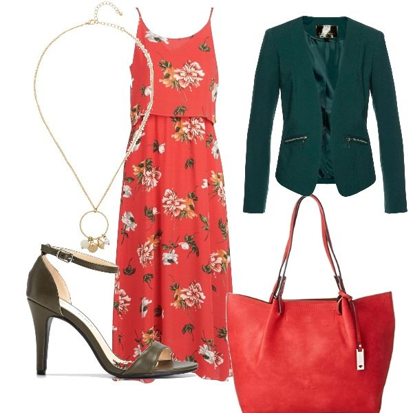 Outfit donna - Total look #330309. Abbinamento con blazer, sandali con tacco alto e cinturino in pelle sintetica, collana pendenti oro, vestito lungo, borsa tote rosso.