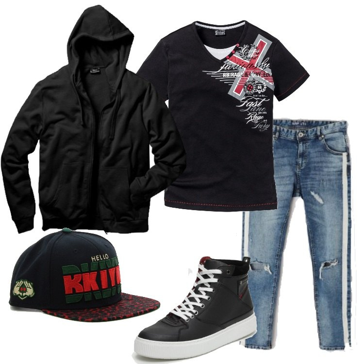 Outfit uomo - Giovani leve. Stile Urban per Tutti i giorni. Abbinamento con felpe con cappuccio, t-shirt con scollo nero, jeans skinny effetto strappato in denim blu, cappelli e berretti nero, sneakers nero.