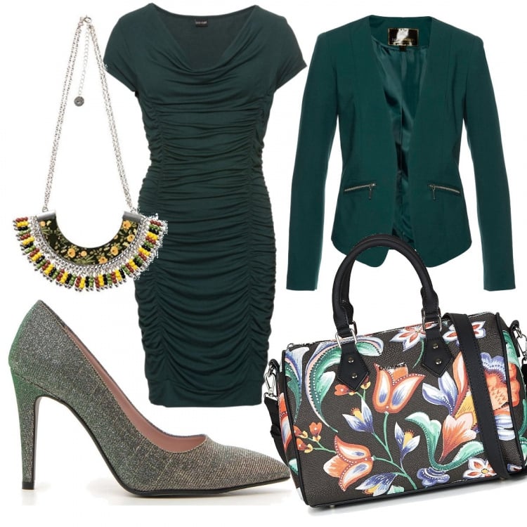 Outfit donna - Total look #330450. Abbinamento con blazer, vestito con drappeggio e scollo a maniche corte in maglina con pieghe verde, borsetta nero, décolleté, collana in placcato argento.