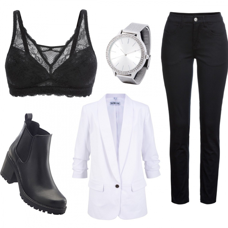 Outfit donna - Dark angel. Stile Chic per Ufficio. Abbinamento con stivaletti chelsea, bralette, blazer a maniche lunghe bianco, pantaloni, orologio.
