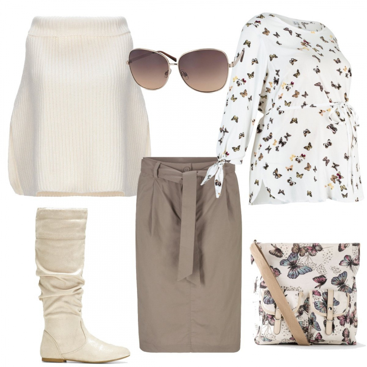 Outfit donna - Con la cappa in dolce attesa. Stile Chic per Tutti i giorni. look ideale per Premaman. Abbinamento con mantella senza tasche lavorato a maglia collo alto interno sfoderato tinta unita, borse a tracolla, gonna verde, bluse, stivali, occhiali da sole lenti a specchio marrone.