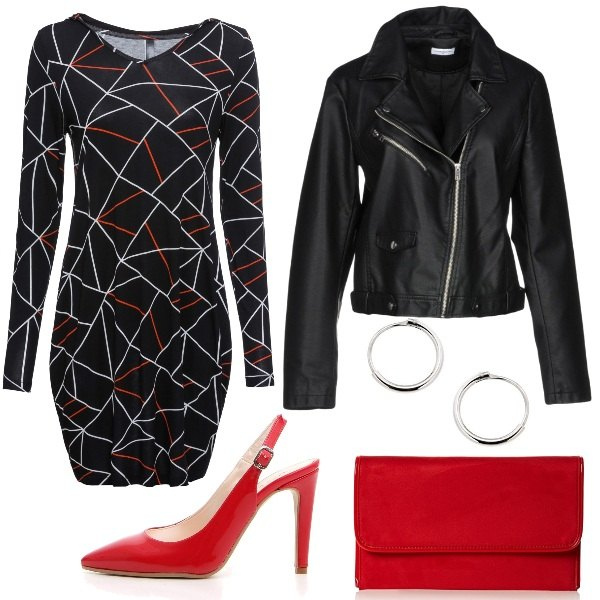 Outfit donna - Tacchi a spillo e biker. Stile Trendy per Serata fuori. Abbinamento con giubbotto collo classico a maniche lunghe con zip interno foderato in pelle sintetica tinta unita, bomber, orecchini in argento 925, pochette, décolleté.