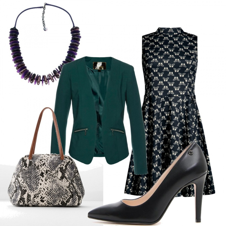 Outfit donna - Total look #330687. Abbinamento con blazer, borsa a mano con zip argento, collana viola, vestito, décolleté.