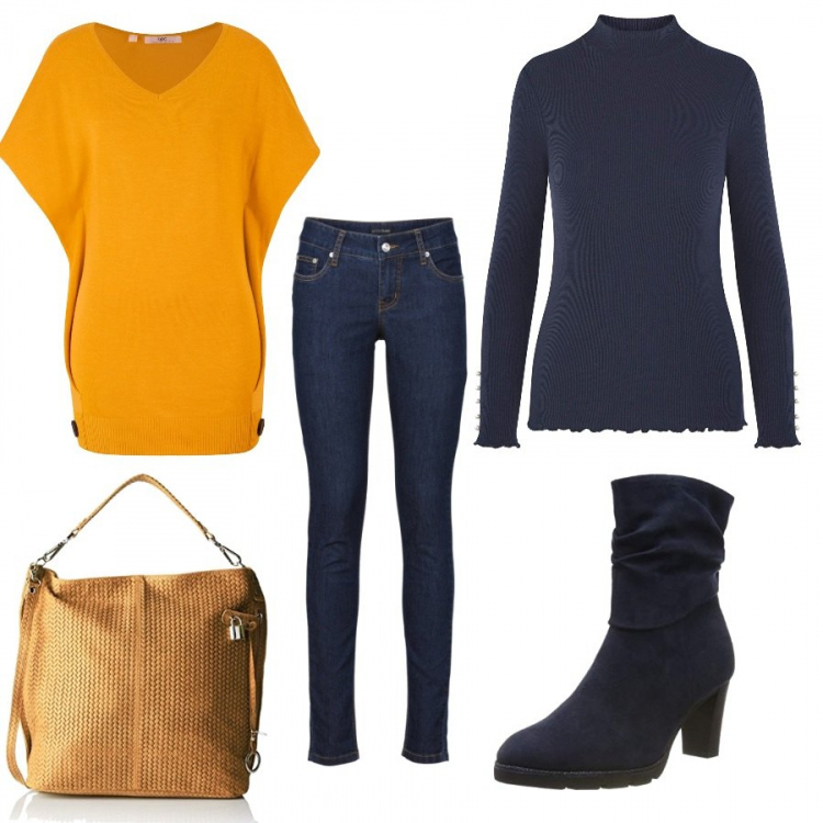 Outfit donna - Il sole addosso. Stile Trendy per Tutti i giorni. Abbinamento con jeans skinny, maglioni, maglieria, stivaletti, borsa a tracolla arancione.
