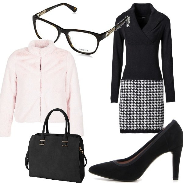 Outfit donna - Total look #330861. Abbinamento con vestiti, borse a spalla, giacca rosa, montatura occhiali unisex-adulto marrone, décolleté effetto scamosciato nero.