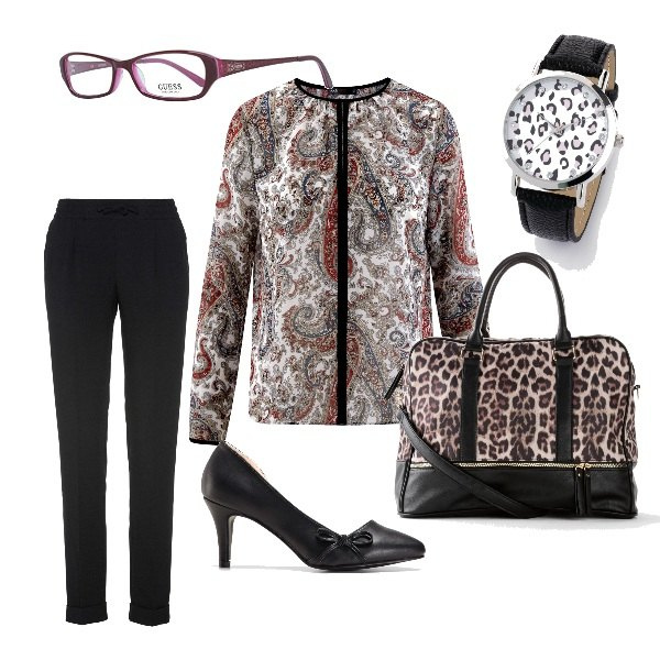 Outfit donna - Total look #330879. Abbinamento con pantaloni, pantaloni, borse sportive, orologio con strass in pelle sintetica nero, camicetta contrasto aderente multicolore, occhiali.