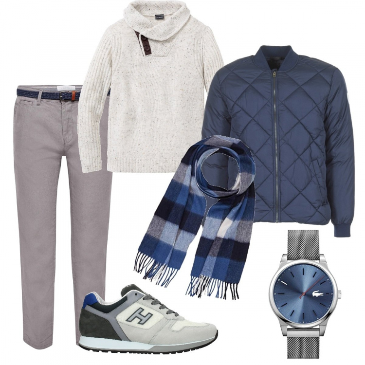 Outfit uomo - Tre colori. Stile Casual per Tutti i giorni. Abbinamento con maglieria, sneakers grigio, piumino, orologio analogico, pantalone lungo, sciarpa taglia unica blu.