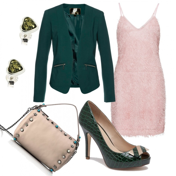 Outfit donna - A cena io e te. Stile Sexy per Serata fuori. Abbinamento con blazer, vestito rosa, scarpe col tacco con punta tonda verde, borse a mano, orecchini argento e verde.