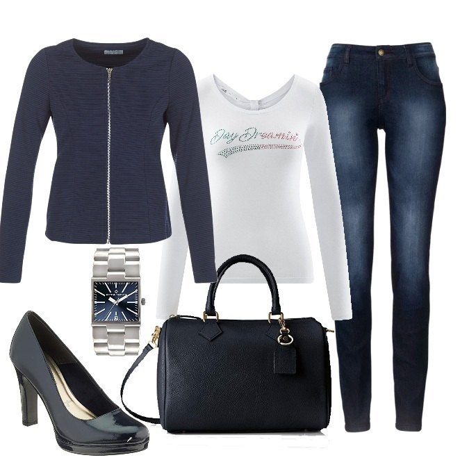 Outfit donna - Semplici eleganze. Stile Basic per Ufficio. Abbinamento con jeans skinny, blazer, scarpe col tacco, maglia, borsa a mano blu, orologi.