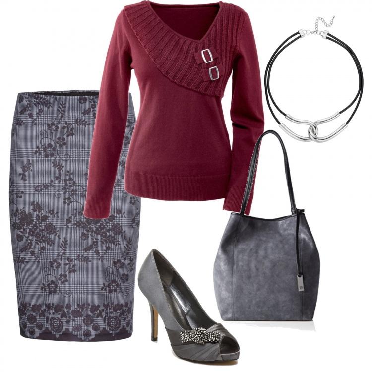 Outfit donna - Grigio autunno. Stile Basic per Ufficio. Abbinamento con maglieria, gonna a punta grigio, tute, scarpe col tacco con strass e punta tonda grigio, shopping bag con zip in denim grigio.