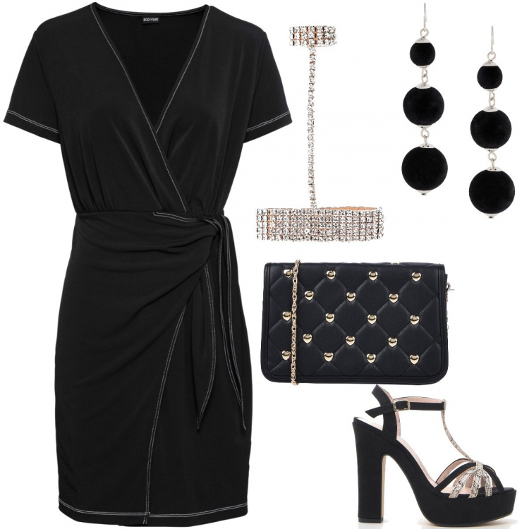 Outfit donna - Appuntamento con Lui. Stile Sexy per Serata fuori. Abbinamento con borsa a mano con borchie interno foderato in pelle sintetica tinta unita, perizomi, orecchini, bracciale con strass in oro rosa, sandali.