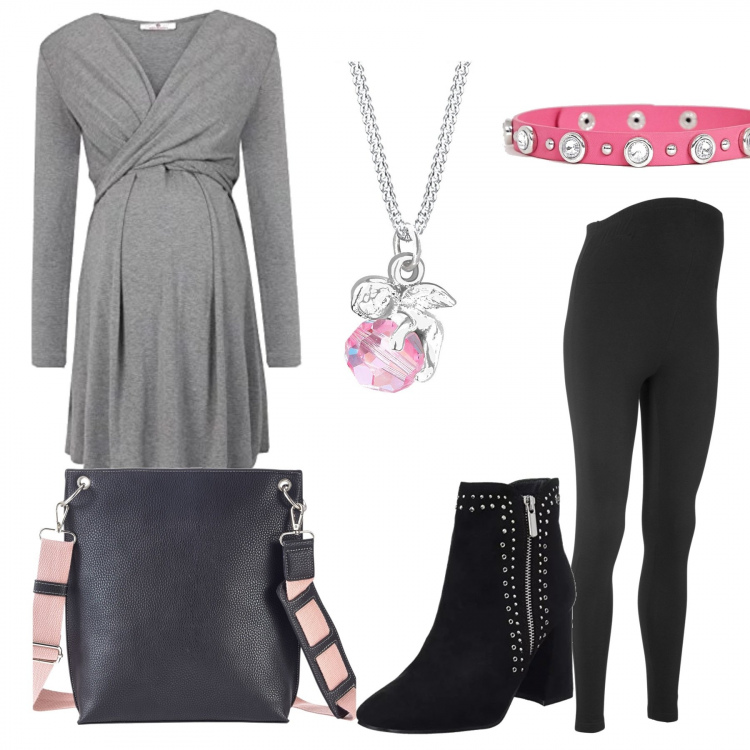 Outfit donna - Stilosa. Stile Chic per Tutti i giorni. look ideale per Premaman. Abbinamento con leggings, borse a tracolla, vestito melange grigio, stivaletti, collane, collana petite con borchie e cinturino in ecopelle rosa.