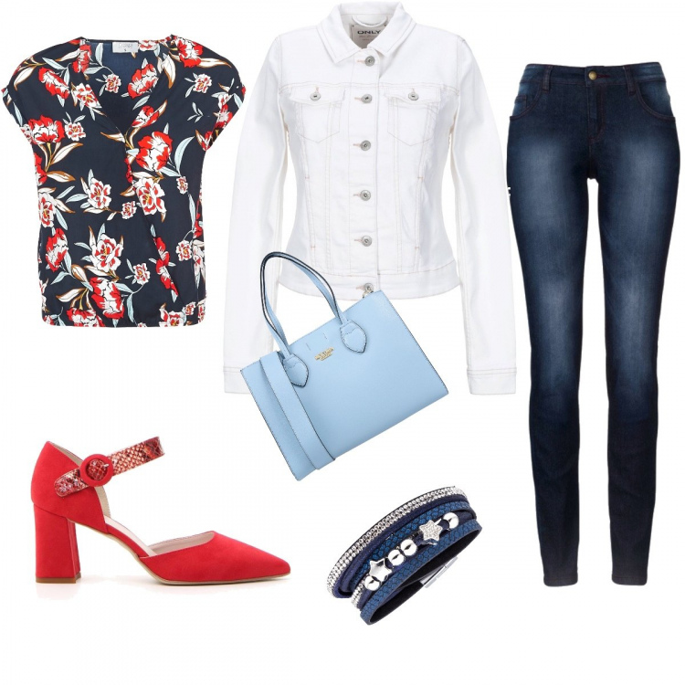 Outfit donna - Blu bianco e rosso. per Tutti i giorni. Abbinamento con jeans skinny, braccialetti, giacca collo classico a maniche lunghe in denim tinta unita, borsa a mano taglia media doppio manico interno sfoderato in pelle sintetica tinta unita, camicie, décolleté.