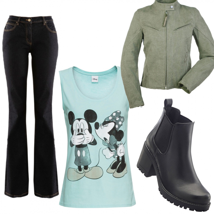 Outfit donna - Mi vesto bene con poco. Stile Rock per Tutti i giorni. Abbinamento con stivaletti chelsea, top con stampa blu, jeans bootcut, giacca sport collo alto a maniche lunghe con zip verde.