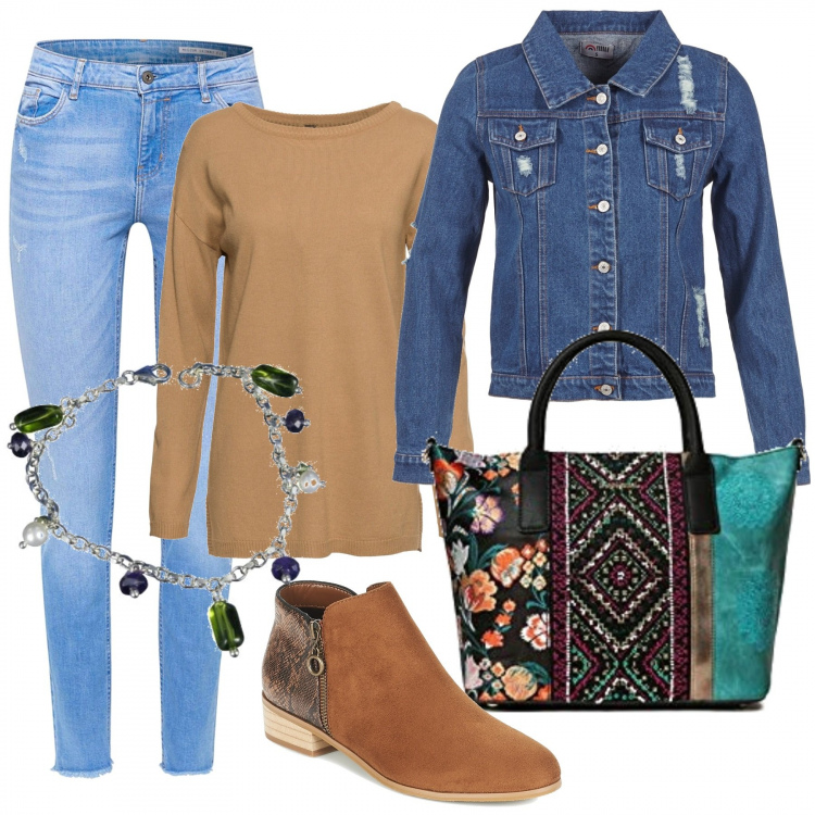 Outfit donna - Per oggi look semplice. Stile Basic per Tutti i giorni. Abbinamento con maglione marrone, stivaletti marrone, giubbotto, borsa a tracolla, jeans skinny, braccialetto in sterling 925 argento.