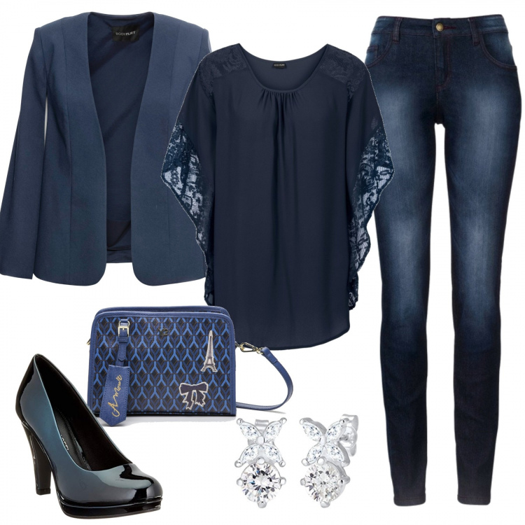 Outfit donna - Blu per l\'ufficio. Stile Trendy per Ufficio. Abbinamento con jeans skinny, blazer, bluse, scarpa col tacco, pochette con zip e tracolla regolabile blu e arancione, orecchini a perno in argento 925 bianco.