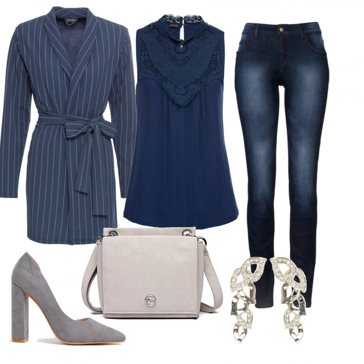 Outfit donna - Blu e grigio. Stile Basic per Serata fuori. Abbinamento con jeans skinny, top, blazer con cintura in maglina blu, orecchini argento, scarpe con tacco alto a punta, borsa a tracolla grigio.