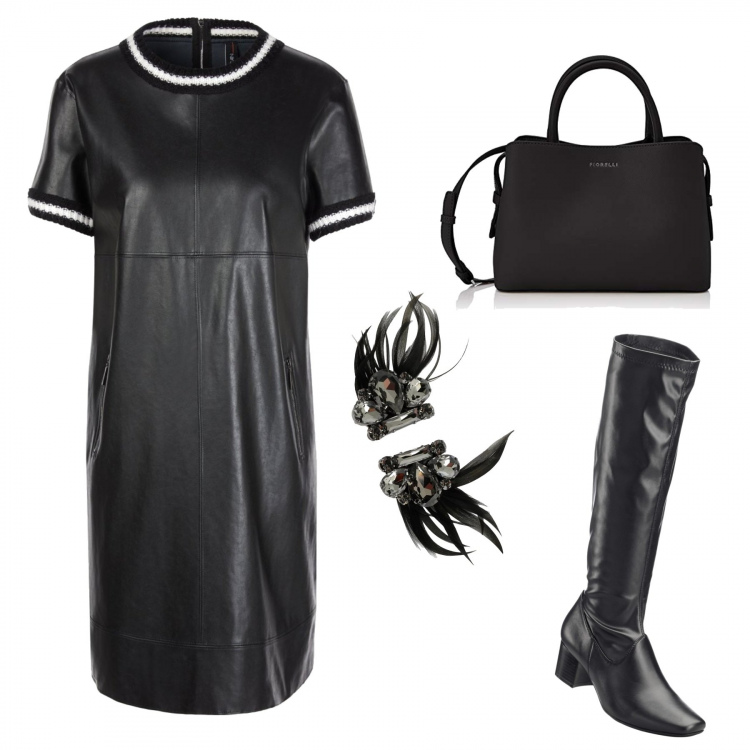 Outfit donna - Sicura di te. Stile Rock per Tutti i giorni. Abbinamento con stivali, orecchini con strass a clip in ottone, vestito sport nero, borsa messenger nero.