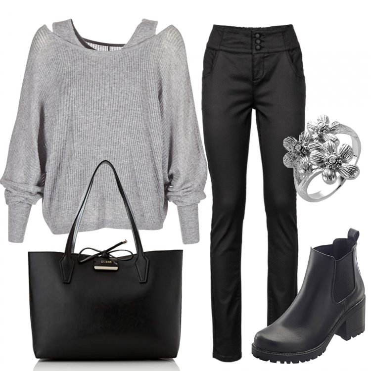 Outfit donna - Ogni giorno. Stile Basic per Tutti i giorni. Abbinamento con stivaletti chelsea, pantalone effetto lucido con zip elasticizzato nero, maglione grigio, anello in argento 925, borsa a mano tote multicolore.