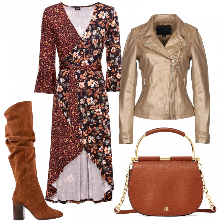 Outfit donna - Trendy #24169. Stile Trendy per Serata fuori. Abbinamento con maglieria, stivali con drappeggio effetto scamosciato con tacco geometrico e zip con punta tonda tinta unita, giubbotto effetto laminato collo con revers a maniche lunghe con zip interno foderato tinta unita, borsa a mano mini in pelle martellata interno foderato in pelle tinta unita.