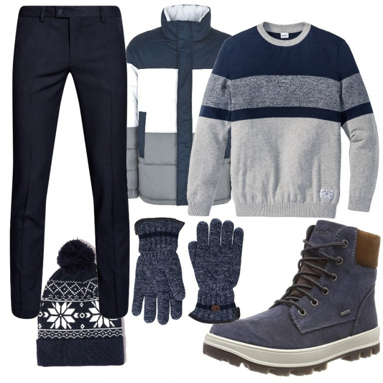 Outfit uomo - Passeggiata romantica in montagna. Stile Casual per Serata speciale. Abbinamento con maglione a righe grigio, giubbotto fantasia multicolore collo alto a maniche lunghe con zip interno imbottito in tessuto tecnico monopetto, berretto jacquard navy, pantalone aderente blu, stivali e anfibi, guanti.