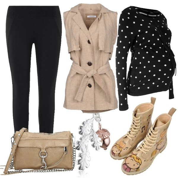 Outfit donna - Una ghianda che fa autunno. Stile Urban per Scuola/Università. look ideale per Premaman. Abbinamento con giacca, vestiti corti, borsa a tracolla, stivali beige, leggings nero, collana.