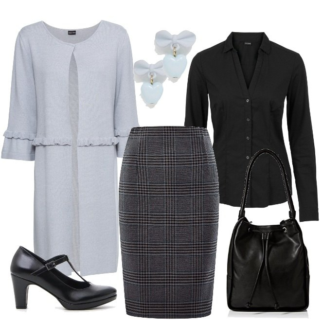 Outfit donna - A pranzo dai suoceri. Stile Bon Ton per Serata fuori. Abbinamento con camicie, cardigan, gonne longuette, décolleté, borsa a mano nero, orecchini con fiocco azzurro.