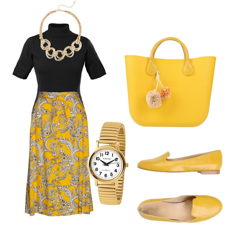Outfit donna - Basic, il dolce vita settembrino. Stile Basic per Tutti i giorni. Abbinamento con borsa a mano contrasto taglia media con coulisse interno foderato in pelle sintetica tinta unita, mocassini, maglieria, sneakers alte, pantaloni, orologi.