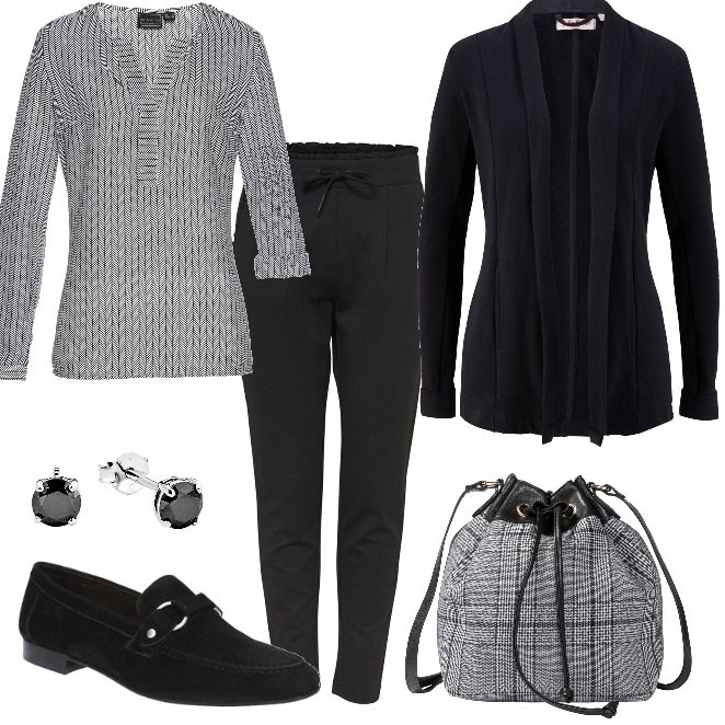 Outfit donna - Spighe e quadri per il black&white. Stile Trendy per Serata fuori. Abbinamento con tuniche, blazer, vestiti, pantalone, scarpe nero, orecchini.