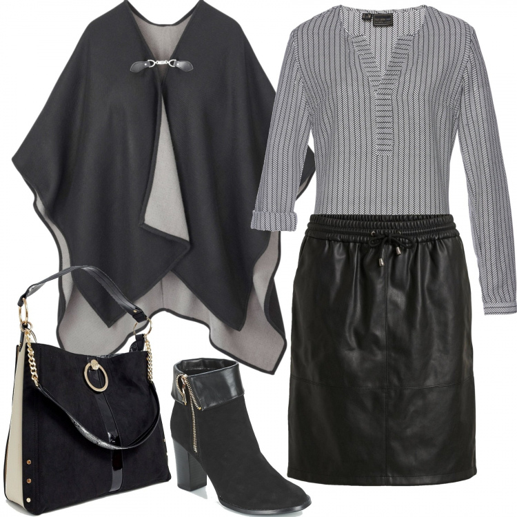 Outfit donna - Un sabato di qua e di la. Stile Basic per Tutti i giorni. Abbinamento con tuniche, cappotti, gonna nero, stivaletti, maglia con anello e cinturino con manico nero.