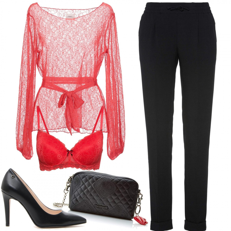 Outfit donna - Osa con le trasparenze. Stile Sexy per Serata fuori. Abbinamento con pantaloni, reggiseno con ferretto e pizzo con spalline rosso, blusa con pizzo, borse a tracolla, décolleté.