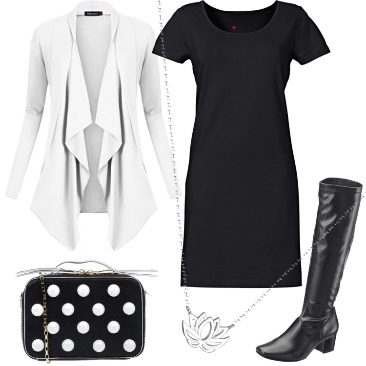 Outfit donna - Bianco e nero. Stile Basic per Tutti i giorni. Abbinamento con vestiti, stivali, borsa a mano mini con manico contrasto con zip interno foderato in pelle sintetica tinta unita, cardigan, ciondoli.