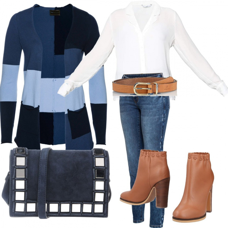 Outfit donna - Trendy #24307. Stile Trendy per Tutti i giorni. Abbinamento con jeans skinny, cardigans, stivaletti in pelle martellata con tacco squadrato e punta tonda tinta unita, borsa a tracolla, camicia, cinture.