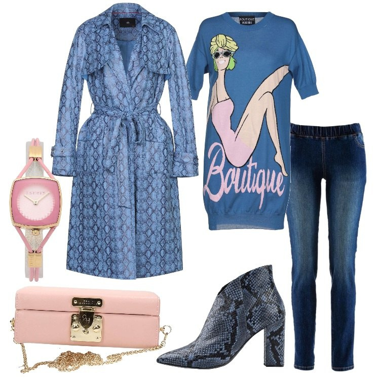 Outfit donna - La tua prima fashion week. Stile Trendy per Tutti i giorni. Abbinamento con treggings, stivaletti con stampa e tacco squadrato con zip a punta in pelle, cappotti, vestiti corti, orologi, shopping bag mini rosa.