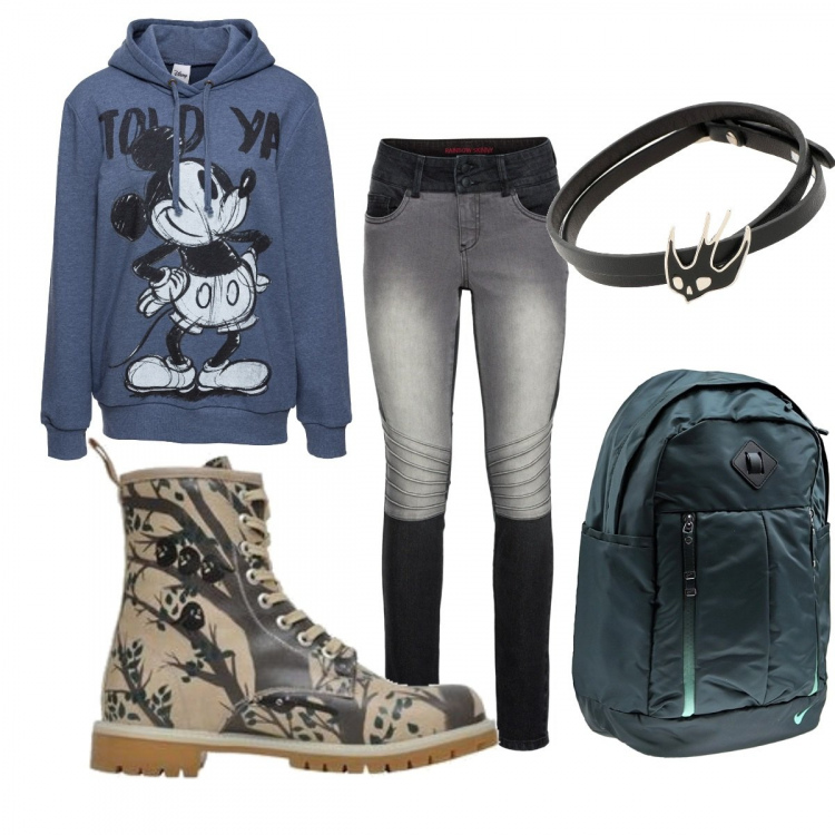 Outfit donna - A lezione. Stile Rock per Scuola/Università. Abbinamento con gonne lunghe, jeans skinny, bracciale con fibbia, marsupio verde, stivali fantasia con lacci e punta tonda multicolore.